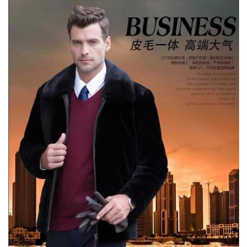 Black warm casual faux mink rabbit fur coat mens leather jacket men coats villus winter loose thermal outerwear zipper classic