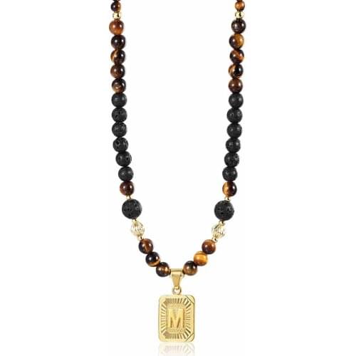 Lava Beads Mixed Tiger Eye Stone Choker Necklace For Men Women Gold Color Initial Letter Pendant Charm Fashion Necklace DN163