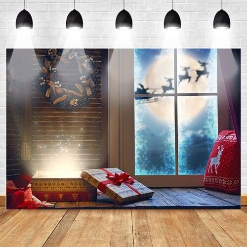 Christmas Winter Photo Background Christmas Party New Year Backdrop Gifts Window Big Moon Elk Wood Style Photography Backgrounds