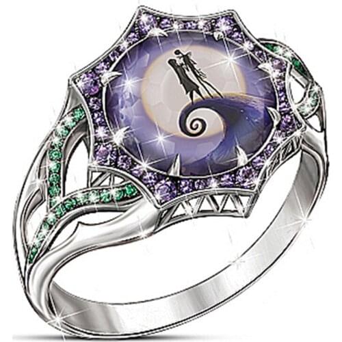 Luxury Purple Rhinestone Ring Geometric Hollow Glossy Fashion Women Shiny Finger Ring Christmas Night Jewelry