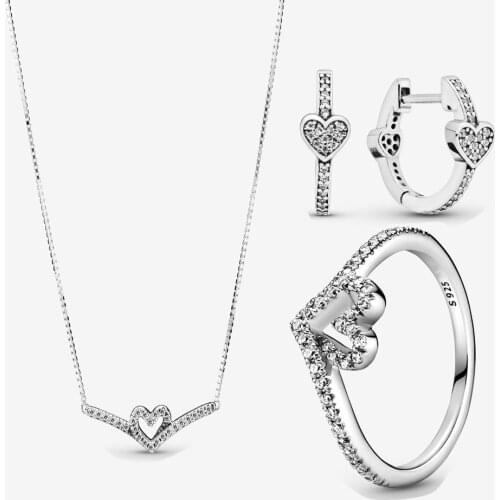 925 Sterling Silver Sparkling Wishbone Heart Collier Necklace Earrings Ring Jewelry Set For Women Wedding party wear Jewelry