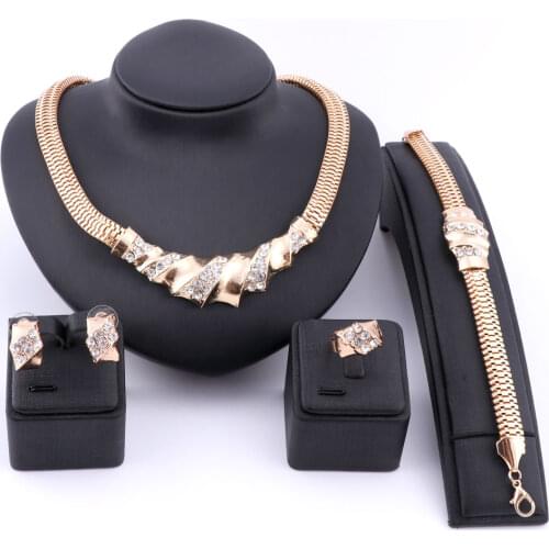 Fine Jewelry Sets Wedding Gold Color Crystal Necklace Party Women African Beads Bridal Ring Bracelet Earring Accessories