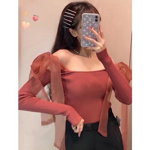 Short T Shirts Women Slim Fit Knitted Crop Tops Female Bow Knot Long Sleeve Tshirts