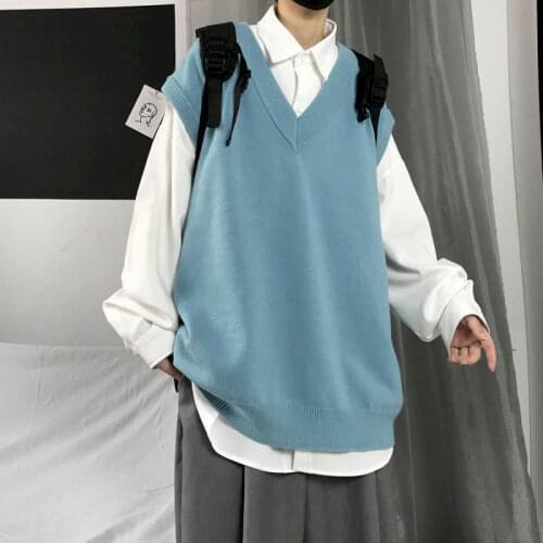 Men sweater vest Autumn solid color knitted male Korean style trend loose v-neck sleeveless waistcoat vest sweater College style