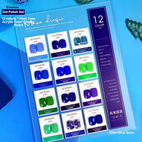 Eleanos New Arrival Klein Blue Serie Gel Polish Set 15ml Glass Bottle UV LED Gel Need Top Coat Primer Nail Gel Kit 12 Colors
