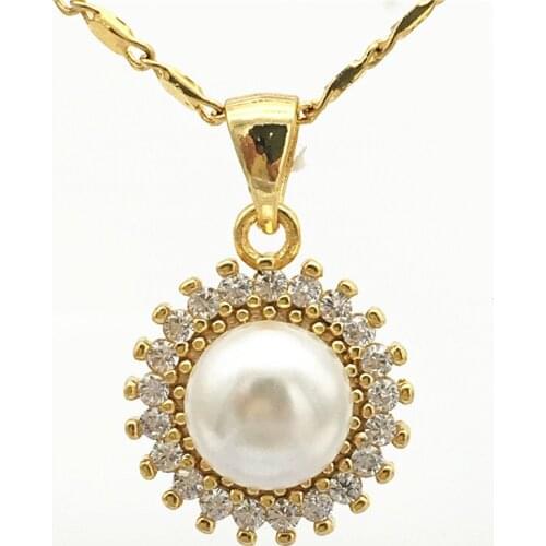 Wholesale natural freshwater pearl AA7-8 mm 5 colors white, pink, purple black gray Zircon pendant 14MM necklace 004