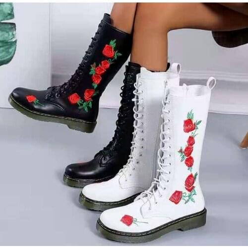 Autumn Womens Boots Embroidered Rose Lace Up Martin Boots Round Toe Zipper Boots Outdoor Non-slip Casual Shoes Mid-tube Boots