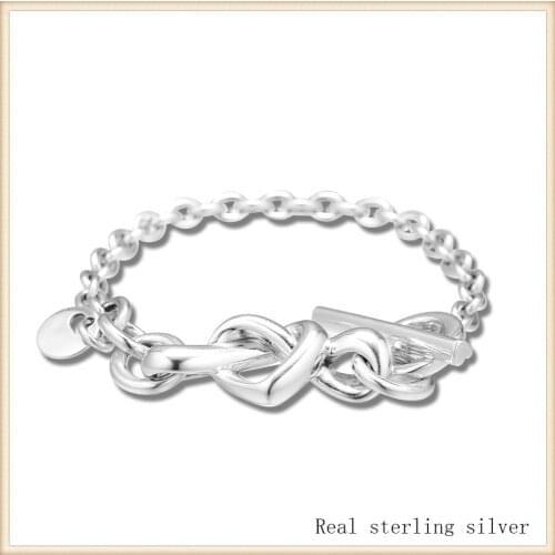 2020 Mothers Day Gift 100% 925 Sterling Silver Jewelry Knotted Heart Thick Link Chain Bracelet for Women pulseras mujer B078