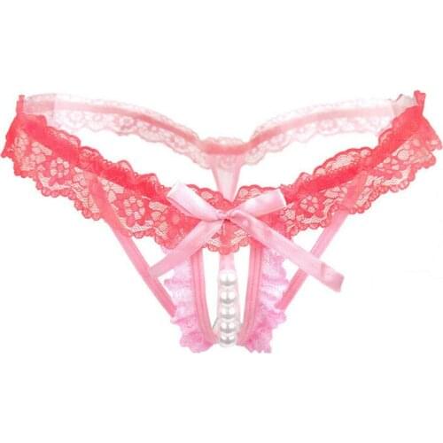 Sexy Lace Pearl Panties See Through Crotchless Pink Thong Erotic Underwear Women Open Crotch Mesh G String Tools For Sex Night