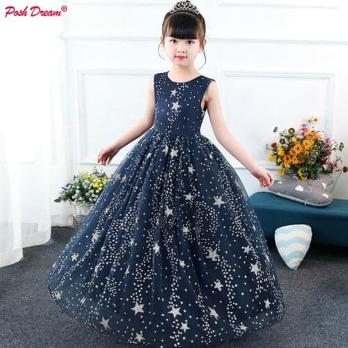 POSH DREAM Navy Blue Twinkle Tulle Children Evening Party Dresses Sparkly Star Tulle Long Prom Clothes 2019 Princess Girl Dress