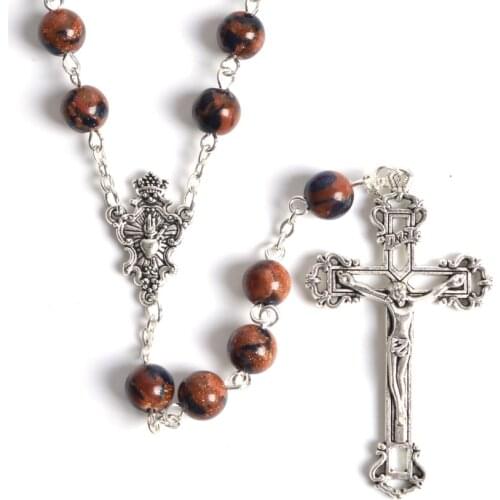 Trendy Round Brown Black Glittering Stone Beads 2017 Special Fatima Rosary Necklace