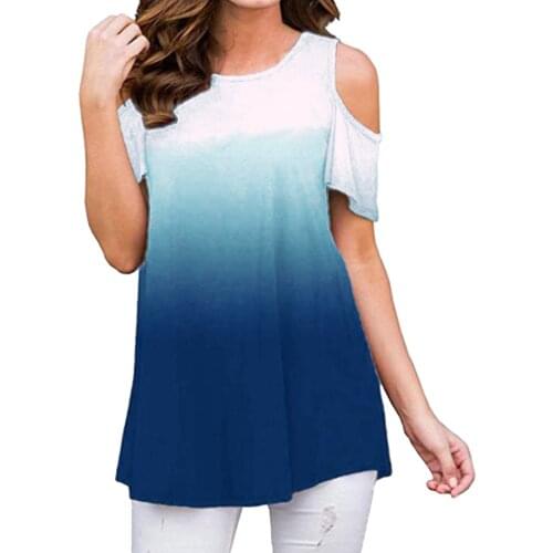 40# Gradient Color Cold Shoulder Blouse Women Short Sleeve O Neck Loose Tunic Blouses Elegant Casual Basic Tees Tops Рубашки