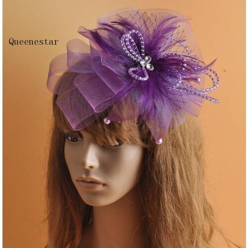 Purple Red Feather Fascinator For Women Bridal Mesh Net Flower Beads Hair Clip Girls Horse Race Party Headwear Hair Accessories