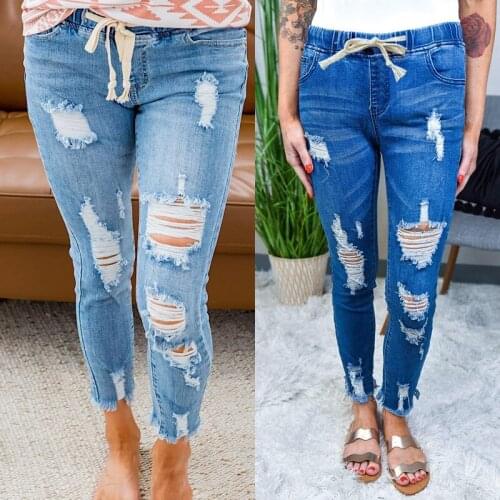 Plus Size Jeans Female Denim Pants Light Blue Women Drawstring Jeans Hole High Street Feminino Skinny Pants For Women Trousers