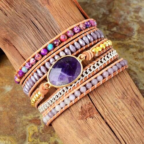 Women Leather Wrap Bracelets W/ Japsers Stone Beaded 5 Layers Statement Strand Chain Bracelet Bohemian Jewelry Wholesale