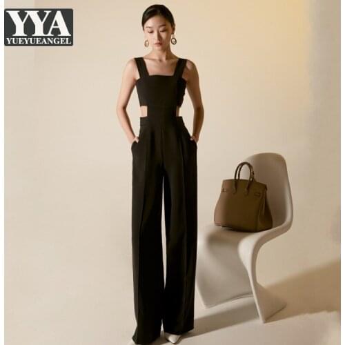 New 2021 Office Ladies Black Wide Leg Pants Fashion Designer Sleeveless Jumpsuits Women Hollow Out High Waist Straight Rompers