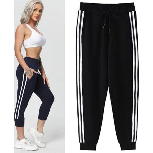 3/4 Women Sport Pants Striped Sling Fitness Cropped Leggings Gym Running Workout Trousers Female Capris Women Clothes Summer