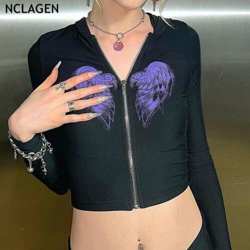 NCLAGEN Harajuku Wing Print Women Hooded Crop Top Sweatshirts 2021 Slim Fitness Zip Up Hoodies Street Fashion Casual Sweatshirt