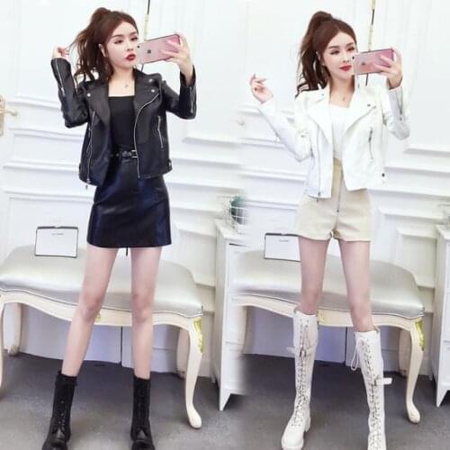 Women 2021 Spring Autumn Long Sleeve 3 Pieces Leather Sets Female Sexy Short Leather Slim Jacket and High Waist Skirt Suit C312