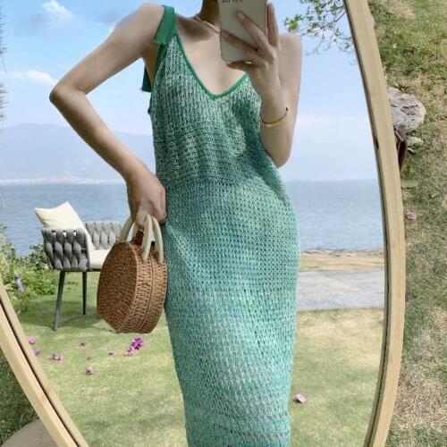 Summer Sleeveless Hollow Crochet Floral Holiday Beach Dress Vestidos Green 2021 New Womens Loose Bohemian Long Sling Dress