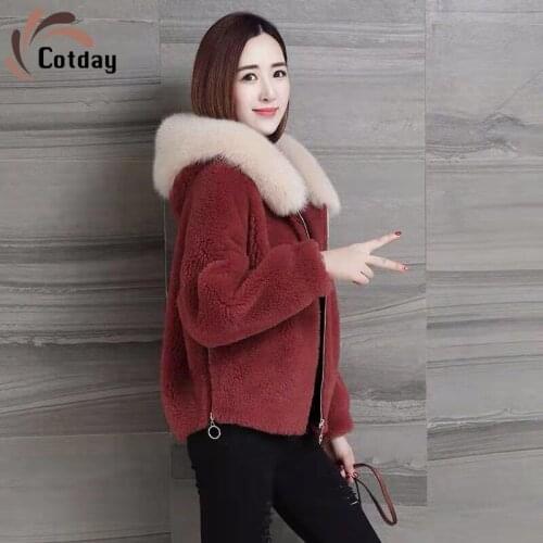 Cotday Short Imitation Fur Red Women Winter Plush Coat Fashion Thickened Sheared Lamb Elegant Korean Version A Hooded Fur Coat