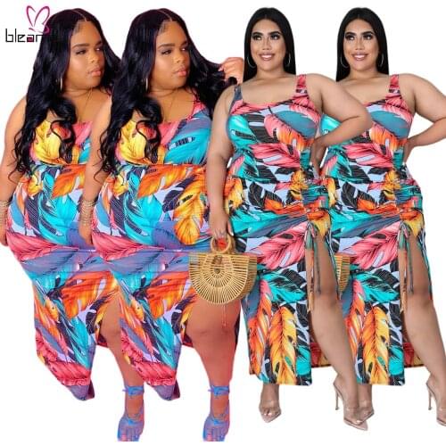 Womens Flower Printed Pleated Split Dress Sleeveless Bodycon Skinny Retro Skinny Femme Ruched Drawstring Dresses Plus Size 5XL