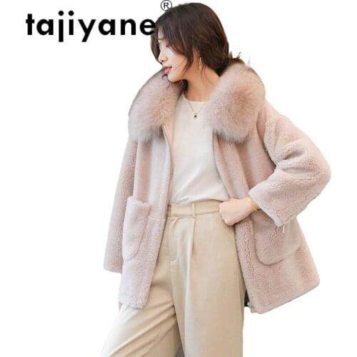 Winter Women Clothes Real Wool Jackets Woman Natural Fox Fur Collar Hooded Parkas Sheep Shearing Coats Casacos TN790