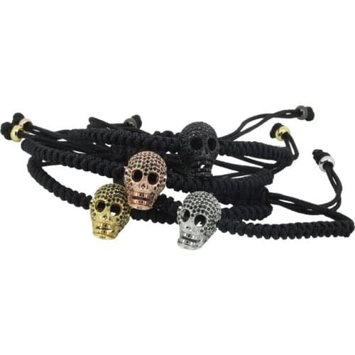 Wholesale DIY Bracelet Men Pulseira Masculina Jewelry, Black Cord 4mm CZ Ball Brass Beads Braiding Macrame Skull Head Bracelet