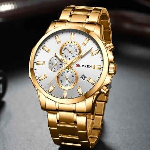 CURREN Gold Men Luxury Brand Quartz Watch Military Watch Fashion Causal Chronograph Clock Stainless Wristwatch Montre Homme