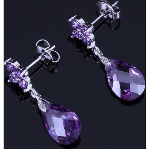 Exquisite Water Drop Purple Cubic Zirconia Silver Plated Drop Dangle Earrings V1034