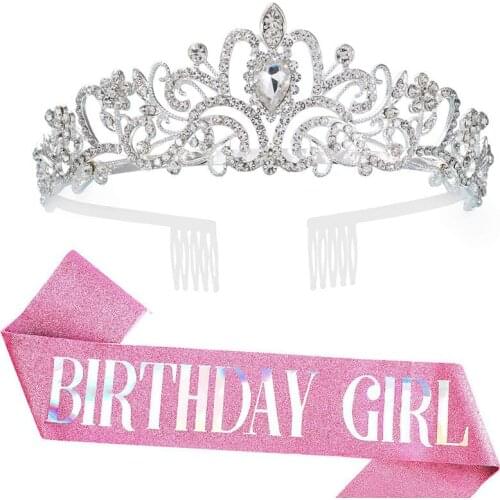 Exquisite Birthday Party AB Rhinestone Crown Strap Queen Ribbon Set Girl Party Hair Accessories Headwear