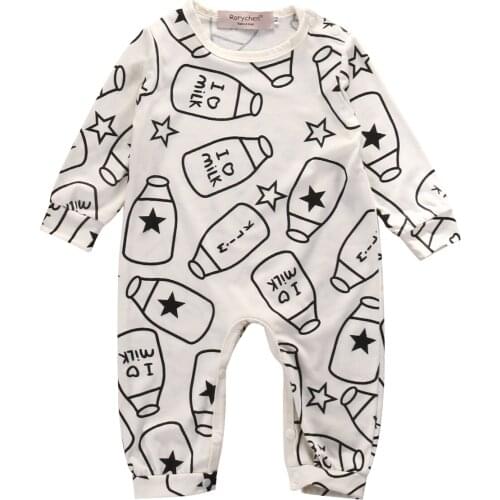 Pudcoco Newborn Baby Boys Girls Clothes Feeding Bottle Print Long Sleeve Romper Jumpsuit One-Piece Outfit Cotton Clothes