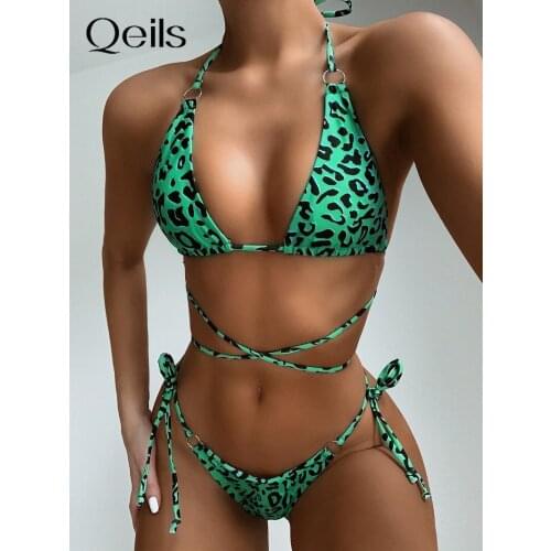 Qeils Sexy extreme thong bikinis Leopard Bandage backless swimwear women cross strap suit female micro summer beachwear