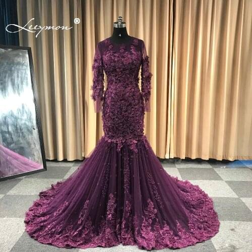 Leeymon Mermaid Long Sleeves Lace Tulle Evening Dress Long Train Elegant Luxury Evening Gown 3D Flowers Vestido De Fiesta