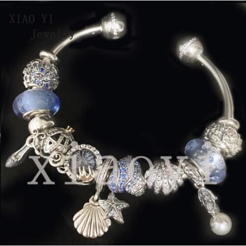 XIAOYI 2020 New 100% S925 Blue shell starfish pearl high heels car sedge glass temperament bracelet suitable for parties female