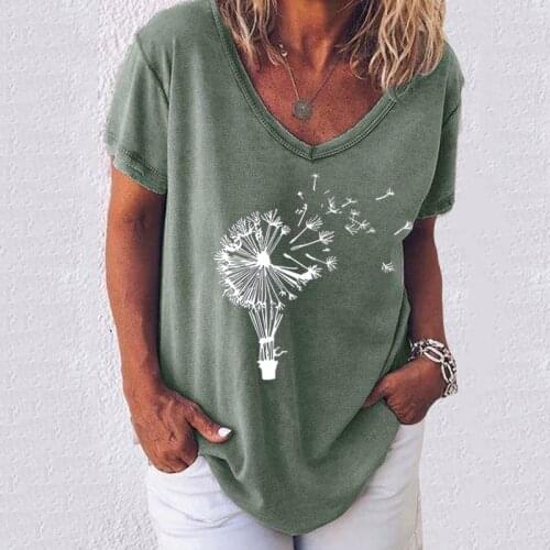 Dandelion Print T Shirt For Woman Casual V Neck T-shirts Short Sleeve Pullover Plus Size Top Summer Elegant Harajuku Tee Clothes