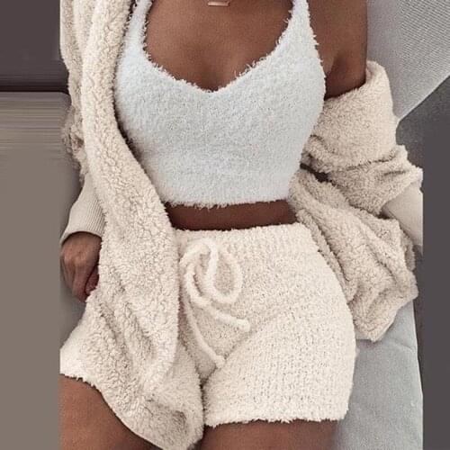 Winter Autumn Three Pieces Set Hoodie Top and Short Tracksuit Women Set Elastic Waist Leisure 3 Piece Set Women Outfits