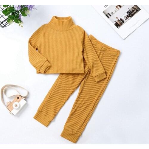 2-7Y Fashion Children Girls Autumn Winter Clothing Sets Solid Knitted Long Sleeve Turtleneck Pullover Tops+Pants Outfits