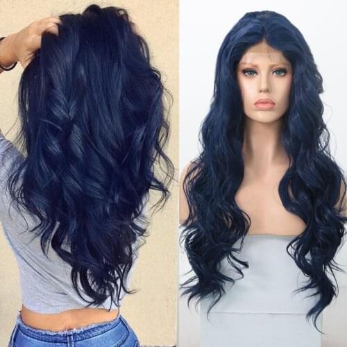 Body Wave Lace Wigs for Women Synthetic Lace Front Wig Dark Blue Cosplay Wigs High Temperature Fiber Long Wig Middle Part