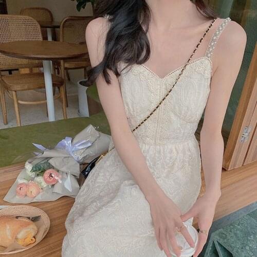Elegant Midi Strap Dress Women Casual Lace Beach Solid Dress Female Evening Party Design One Piece Dress Korean 2021 Summer