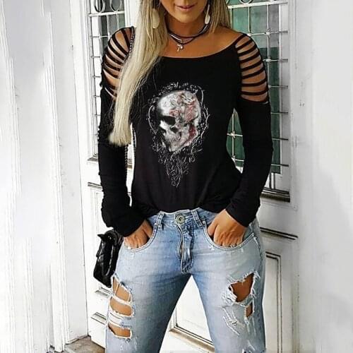 Plus Size Goth Hollow Out O Neck Long Sleeve T Shirt for Women Summer Spring Clothes Casual Loose Skull Print Tee Top Ladies