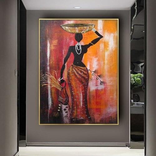 Handmade High Quality Modern Abstract African Woman Hold Something on the Head Abstract African Art Wall Painting Pictures black