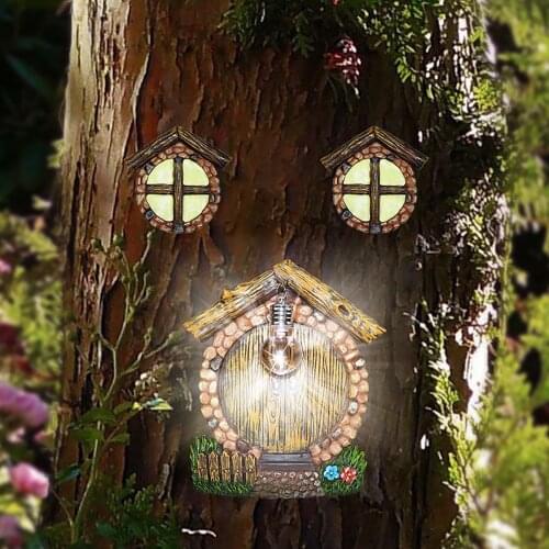 Fairytale Doors And Windows Of Trees-art Sculptures Glowing In The Dark Yard Decorate Walls And Outdoor Statues Of Trees