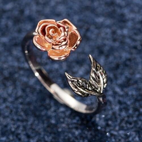 Vintage Red Rose Flower leaf Adjustable Finger Wedding Rings for Women Silver Color Zircon Open Ring Glamour Jewelry Girl Gift