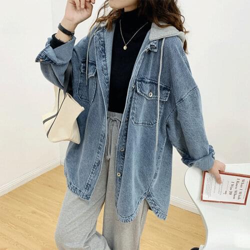 2021 Spring Autumn Hooded Denim Coat Womens Korean Loose Vintage Long Sleeve Jeans Jacket Plus Size Casual Womens Outwear Tops