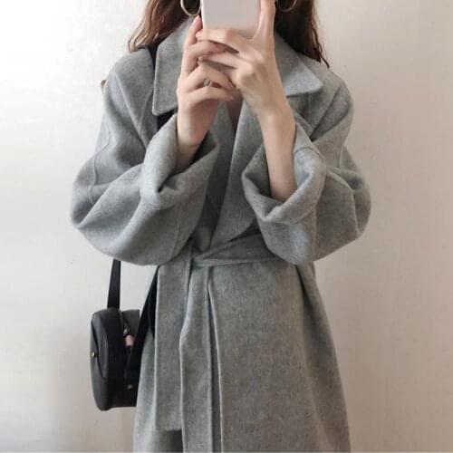 Women Autumn Winter Woolen Coat Outwear Elegant Long Wool Coat With Belt Solid Color Long Sleeve Chic Overcoat