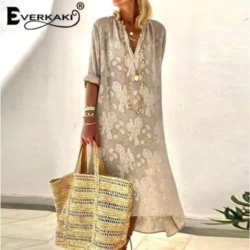 Everkaki Bohemian Floral Print Lace Maxi Dresses Women Summer Beach Casual Oversize V Neck Boho Long Dress Female 2021 Clothes