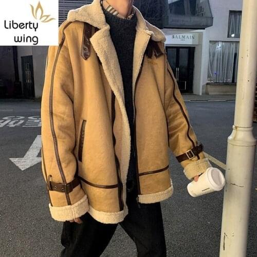 Winter Thick Warm Chic Fleece Lining Mens Suede Jackets Casual Vintage Long Sleeve Zipper Loose Male Outerwear Coats Plus Size