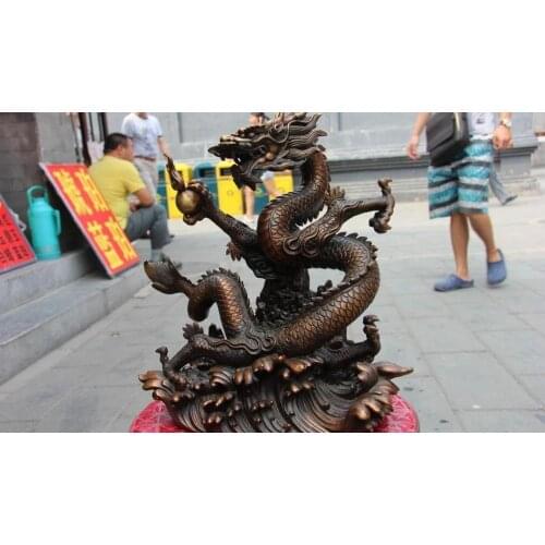 13 Chinese Bronze Copper Zodiac Year Lucky Fly convolute Dragon Play Bead Statue
