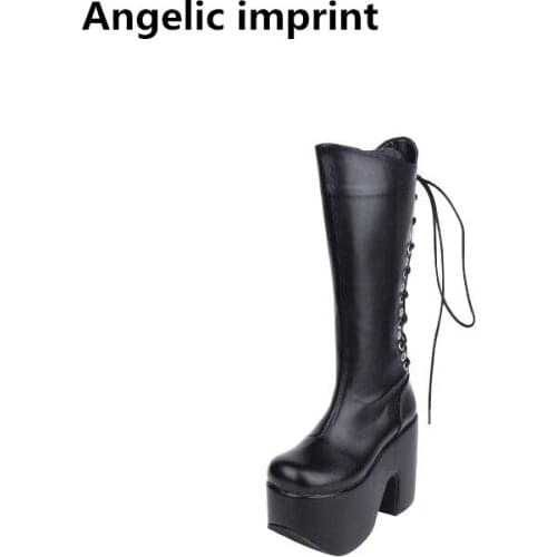 Angelic imprint mori girl Women punk motorcycle boots lady lolita Mid-calf Boots woman high trifle heels pumps platform shoes 46